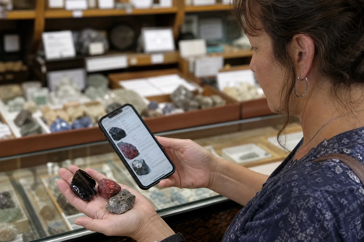 Reader comparing a crystal guide page with obsidian, cinnabar, and hematite notes nearby