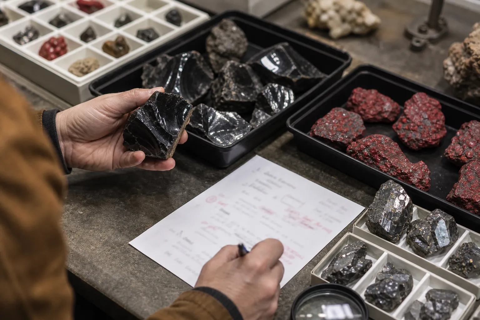 Editorial review scene with obsidian, cinnabar, and hematite notes being checked against visible mineral cues